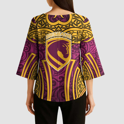 Brisbane Broncos Rugby Kimono Sleeve Blouse Polynesian Tribal Pattern Warrior Horse Maroon Gold Pattern