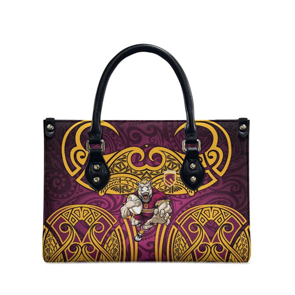 Brisbane Broncos Rugby Leather Bag Polynesian Tribal Pattern Warrior Horse Maroon Gold Pattern