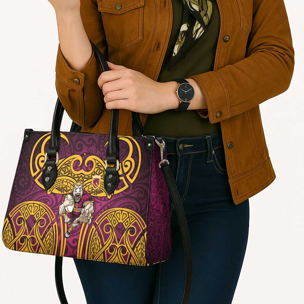 Brisbane Broncos Rugby Leather Bag Polynesian Tribal Pattern Warrior Horse Maroon Gold Pattern