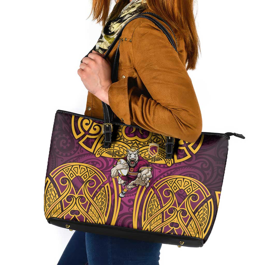 Brisbane Broncos Rugby Leather Tote Bag Polynesian Tribal Pattern Warrior Horse Maroon Gold Pattern