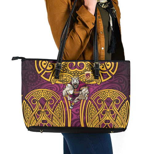 Brisbane Broncos Rugby Leather Tote Bag Polynesian Tribal Pattern Warrior Horse Maroon Gold Pattern