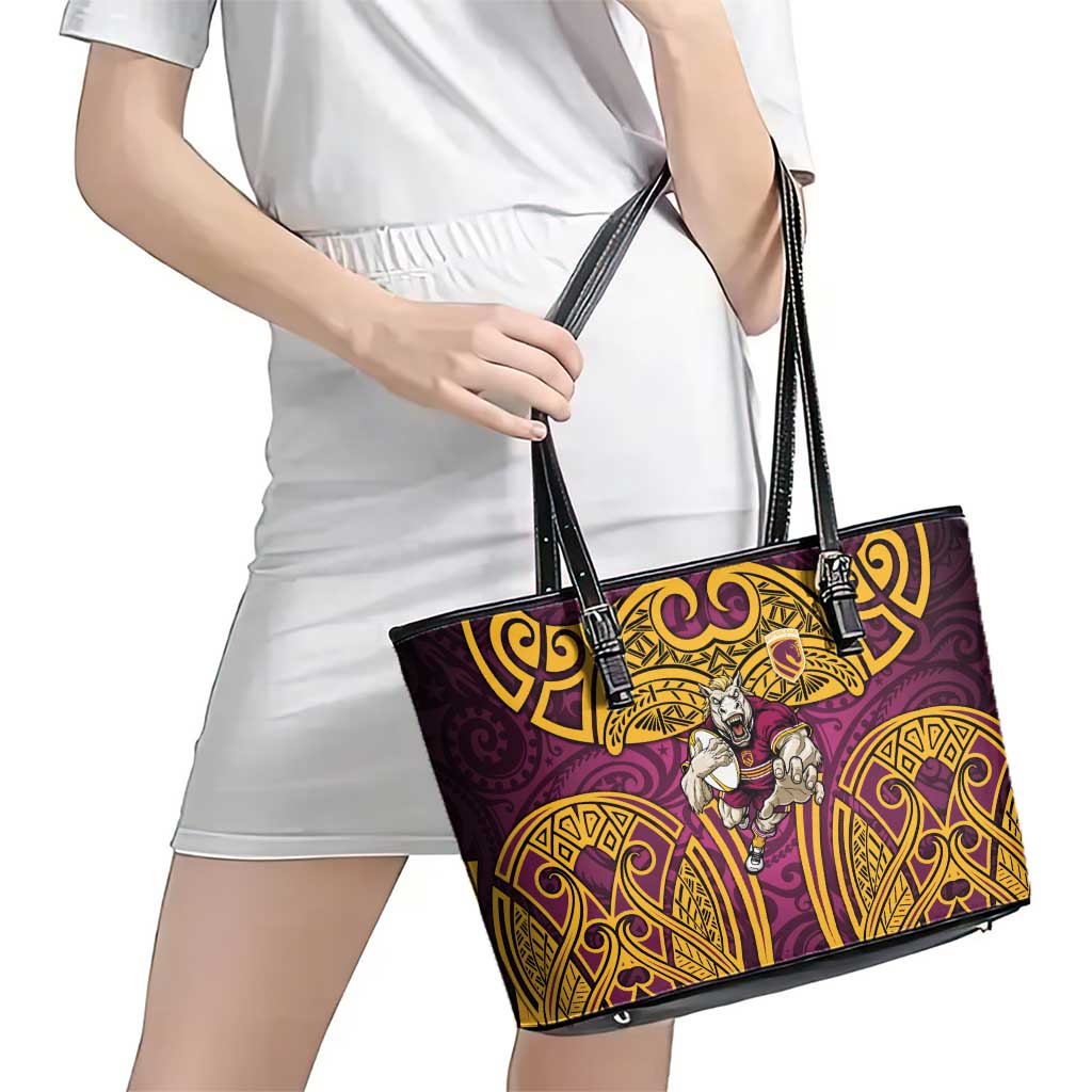 Brisbane Broncos Rugby Leather Tote Bag Polynesian Tribal Pattern Warrior Horse Maroon Gold Pattern