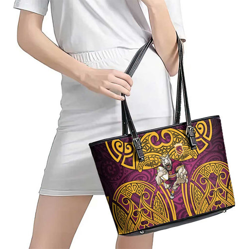Brisbane Broncos Rugby Leather Tote Bag Polynesian Tribal Pattern Warrior Horse Maroon Gold Pattern