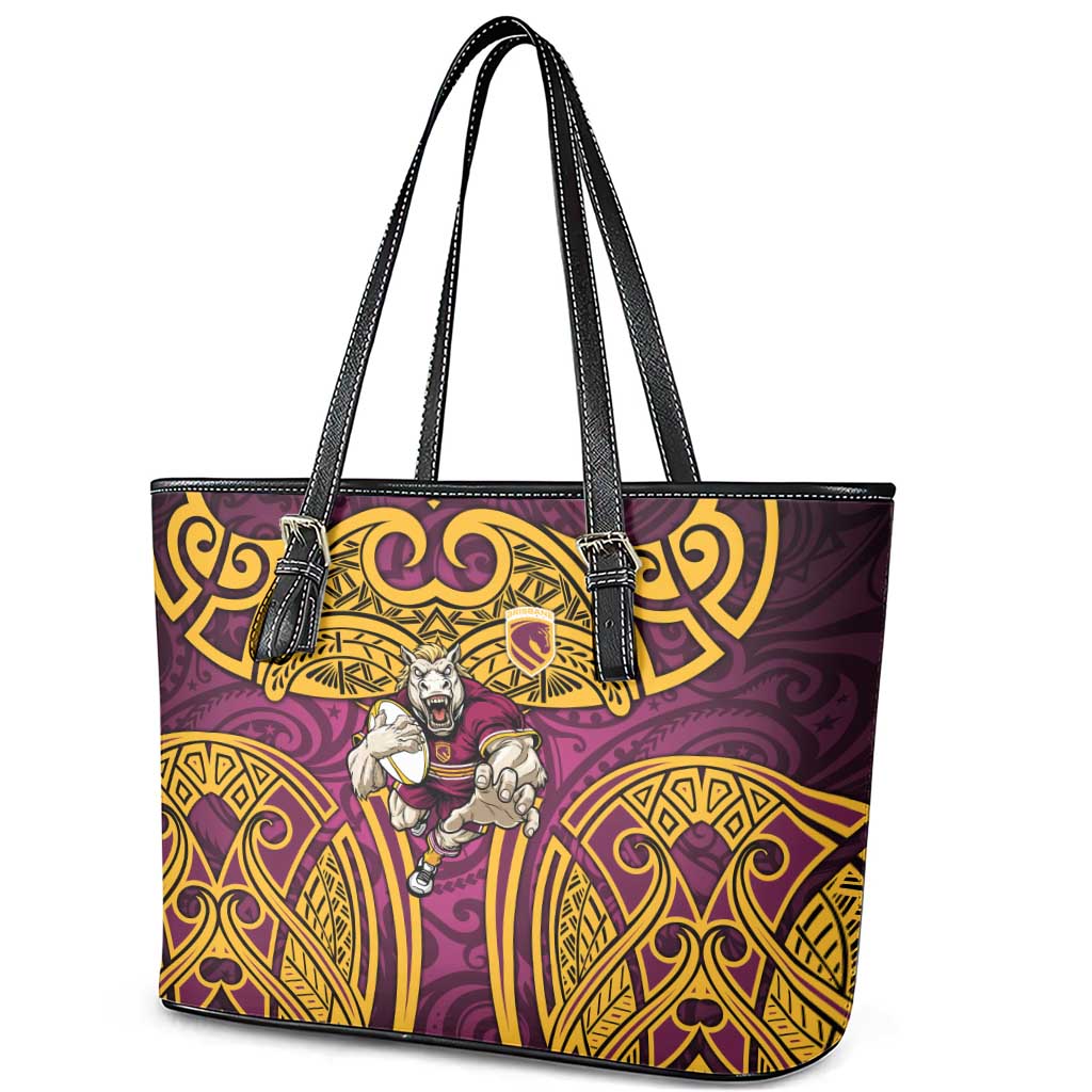 Brisbane Broncos Rugby Leather Tote Bag Polynesian Tribal Pattern Warrior Horse Maroon Gold Pattern