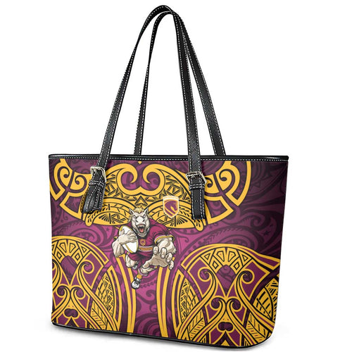 Brisbane Broncos Rugby Leather Tote Bag Polynesian Tribal Pattern Warrior Horse Maroon Gold Pattern