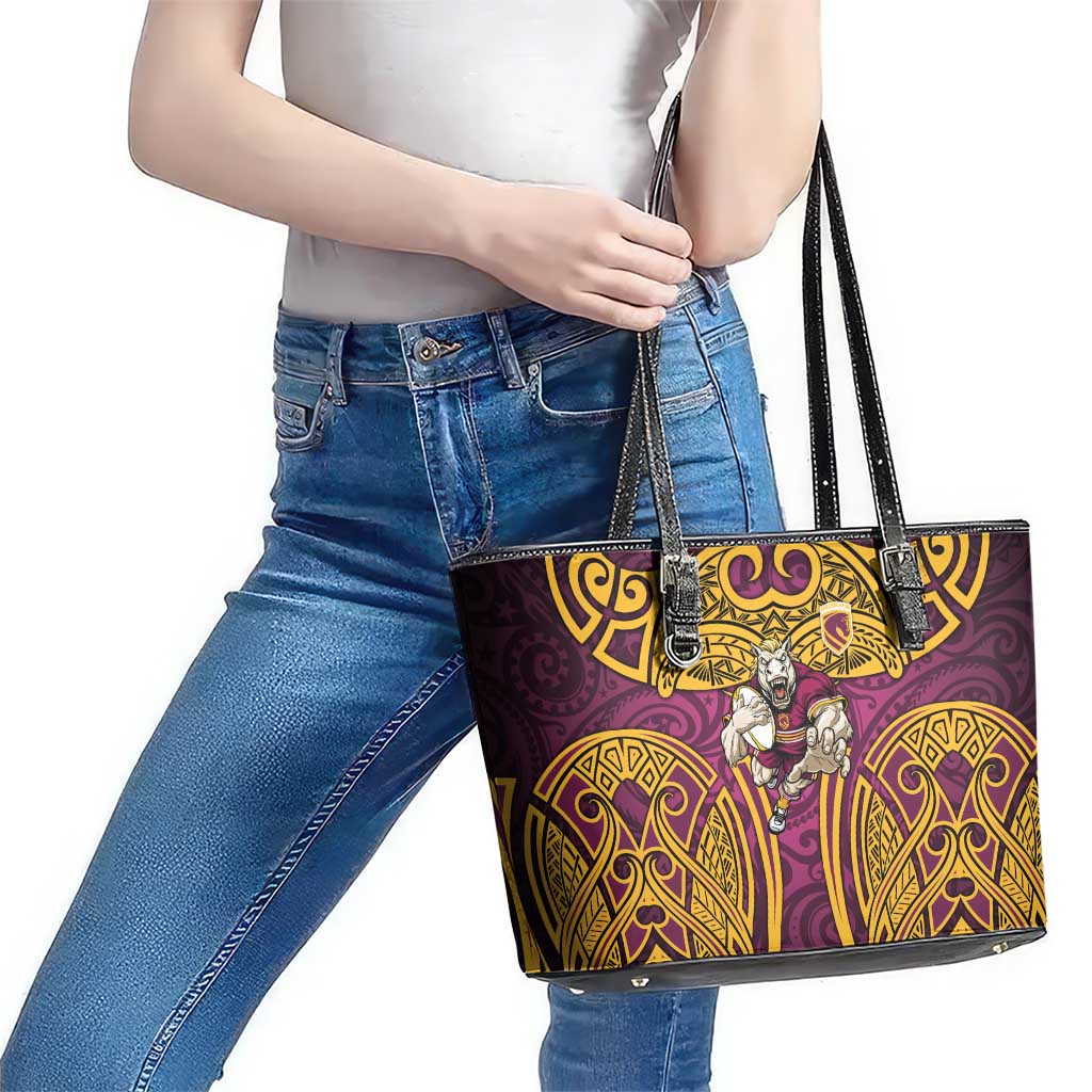 Brisbane Broncos Rugby Leather Tote Bag Polynesian Tribal Pattern Warrior Horse Maroon Gold Pattern