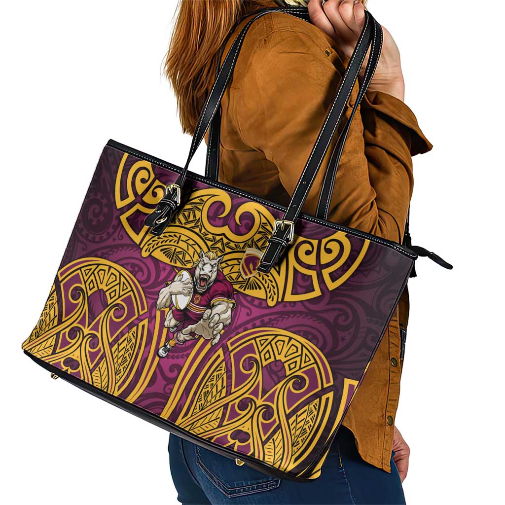 Brisbane Broncos Rugby Leather Tote Bag Polynesian Tribal Pattern Warrior Horse Maroon Gold Pattern