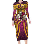 Brisbane Broncos Rugby Long Sleeve Bodycon Dress Polynesian Tribal Pattern Warrior Horse Maroon Gold Pattern