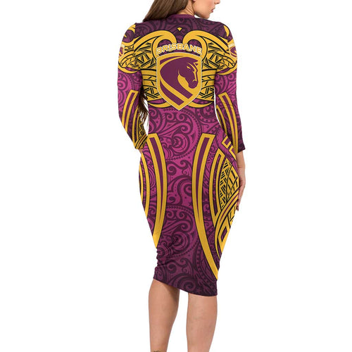 Brisbane Broncos Rugby Long Sleeve Bodycon Dress Polynesian Tribal Pattern Warrior Horse Maroon Gold Pattern