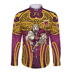 Brisbane Broncos Rugby Long Sleeve Button Shirt Polynesian Tribal Pattern Warrior Horse Maroon Gold Pattern