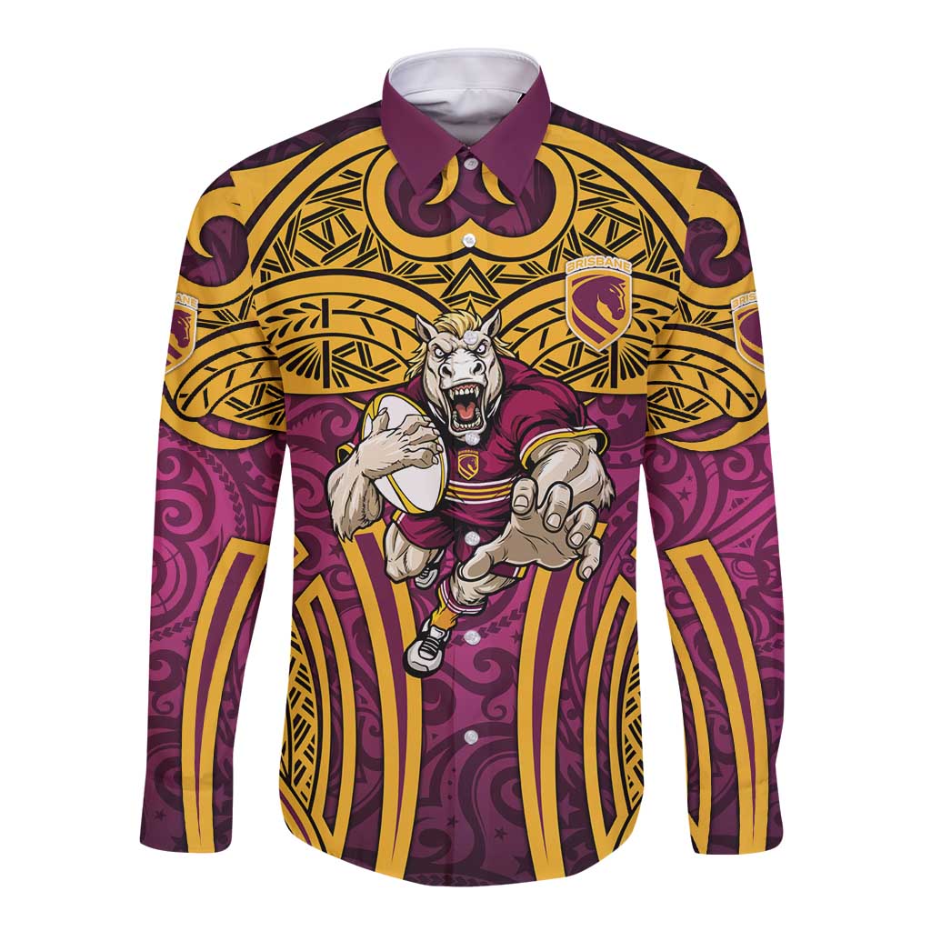 Brisbane Broncos Rugby Long Sleeve Button Shirt Polynesian Tribal Pattern Warrior Horse Maroon Gold Pattern