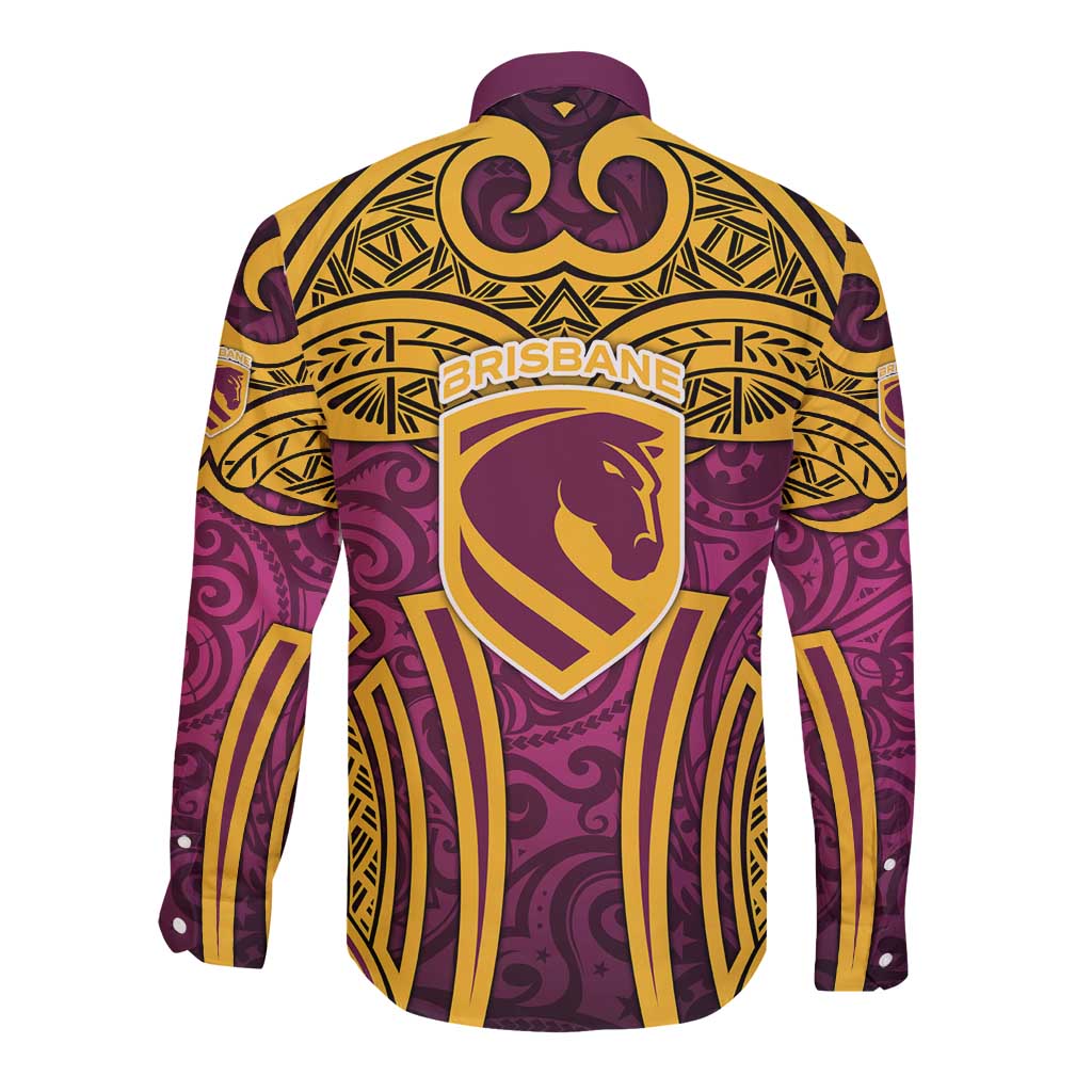Brisbane Broncos Rugby Long Sleeve Button Shirt Polynesian Tribal Pattern Warrior Horse Maroon Gold Pattern