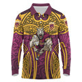 Brisbane Broncos Rugby Long Sleeve Polo Shirt Polynesian Tribal Pattern Warrior Horse Maroon Gold Pattern