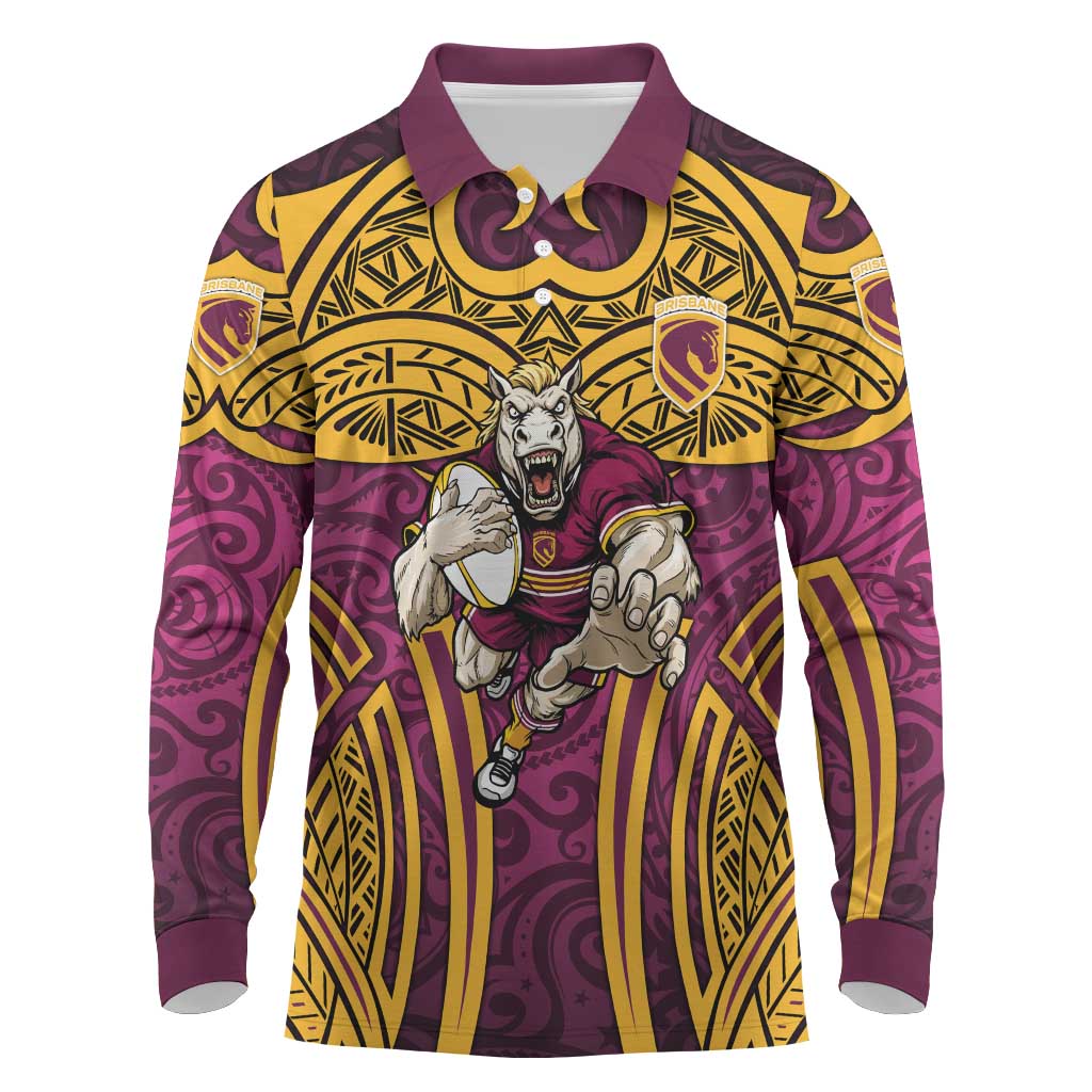 Brisbane Broncos Rugby Long Sleeve Polo Shirt Polynesian Tribal Pattern Warrior Horse Maroon Gold Pattern