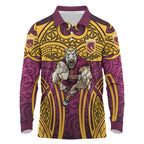 Brisbane Broncos Rugby Long Sleeve Polo Shirt Polynesian Tribal Pattern Warrior Horse Maroon Gold Pattern