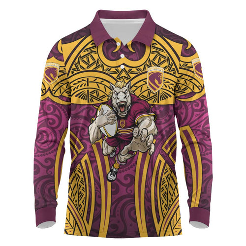 Brisbane Broncos Rugby Long Sleeve Polo Shirt Polynesian Tribal Pattern Warrior Horse Maroon Gold Pattern