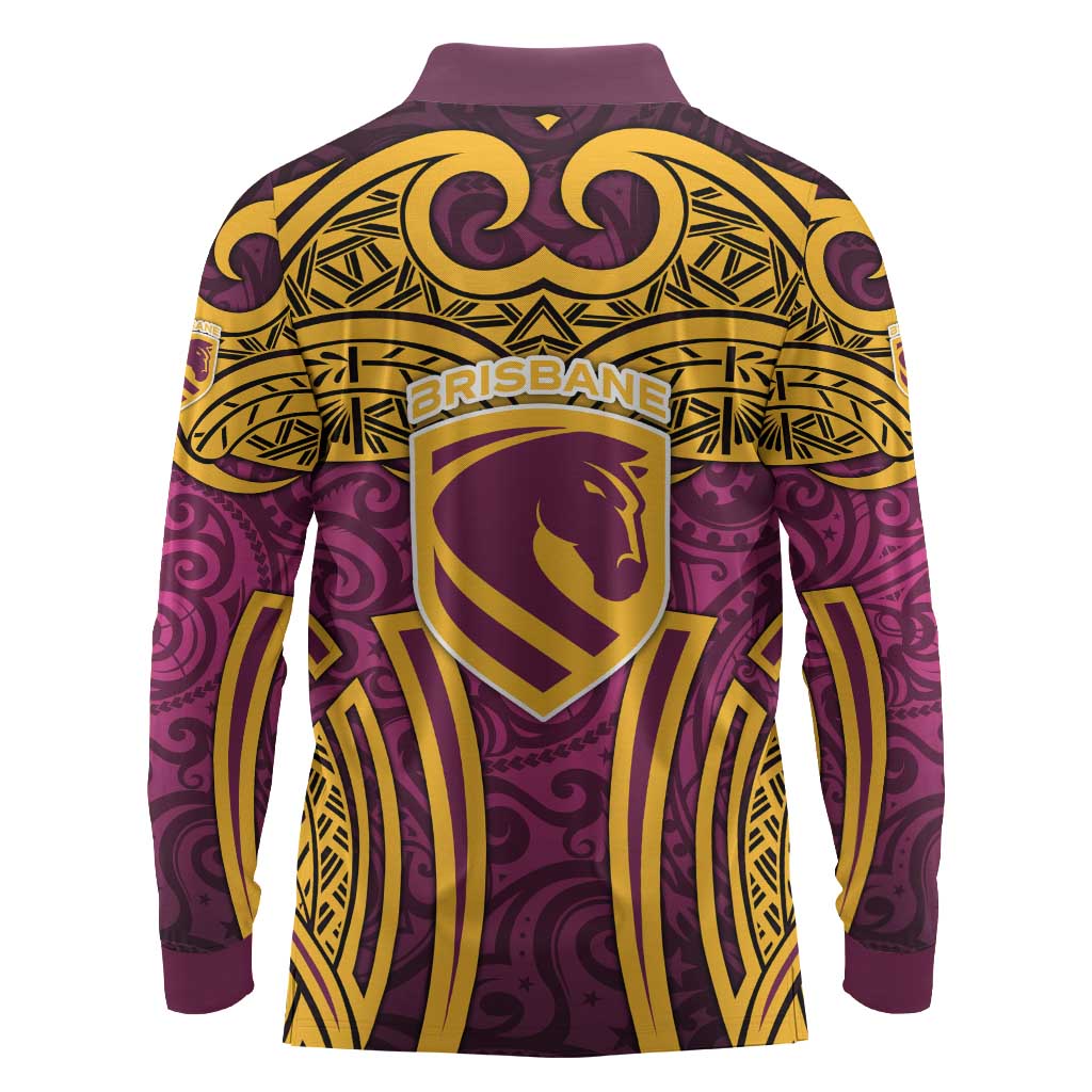 Brisbane Broncos Rugby Long Sleeve Polo Shirt Polynesian Tribal Pattern Warrior Horse Maroon Gold Pattern