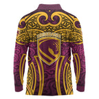 Brisbane Broncos Rugby Long Sleeve Polo Shirt Polynesian Tribal Pattern Warrior Horse Maroon Gold Pattern