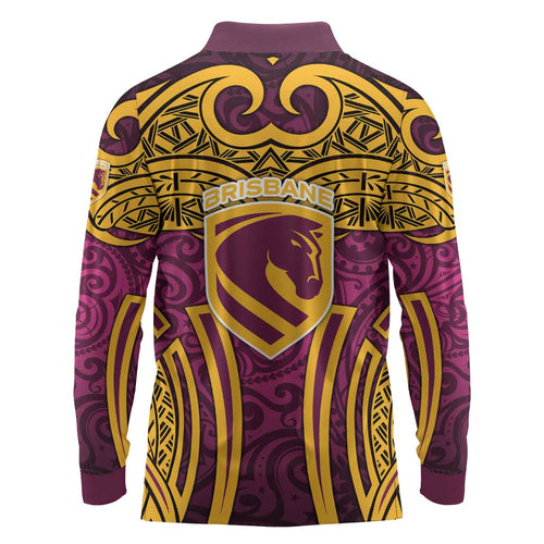 Brisbane Broncos Rugby Long Sleeve Polo Shirt Polynesian Tribal Pattern Warrior Horse Maroon Gold Pattern