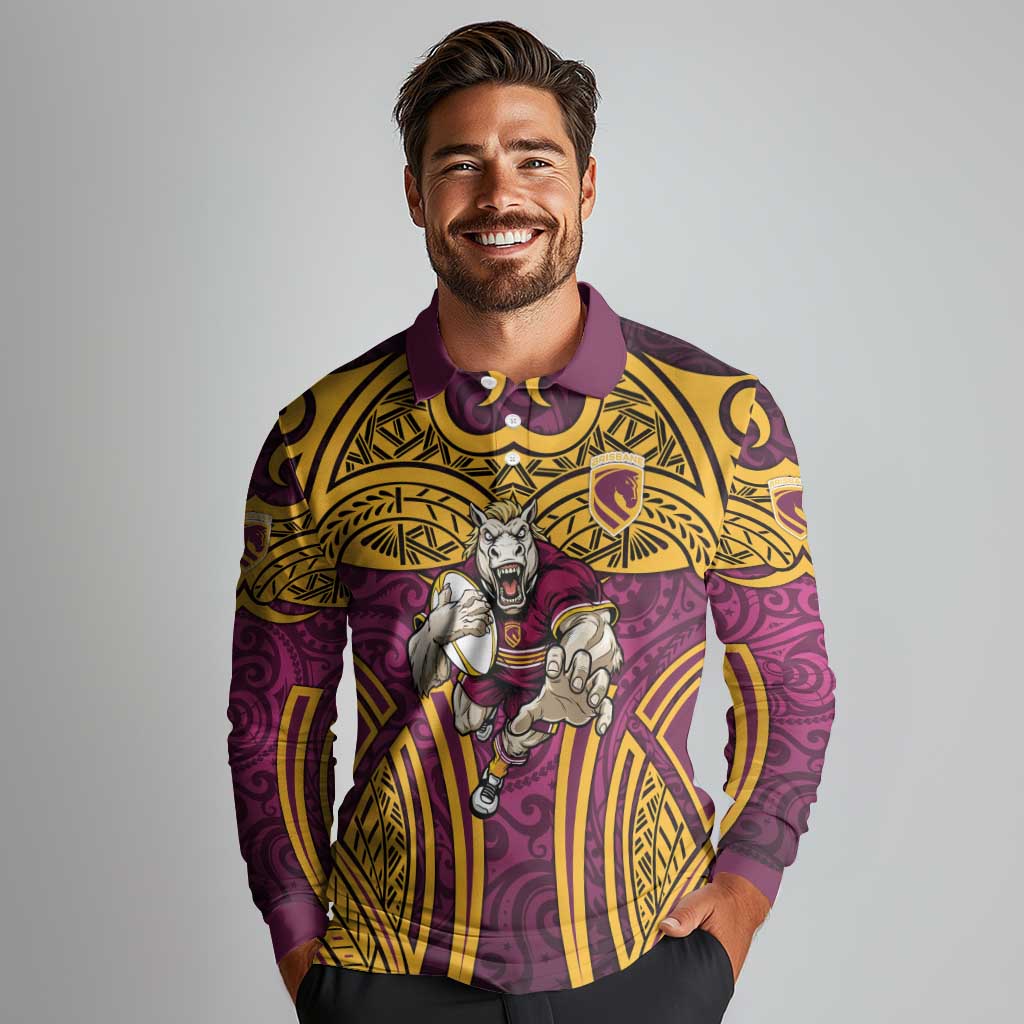 Brisbane Broncos Rugby Long Sleeve Polo Shirt Polynesian Tribal Pattern Warrior Horse Maroon Gold Pattern
