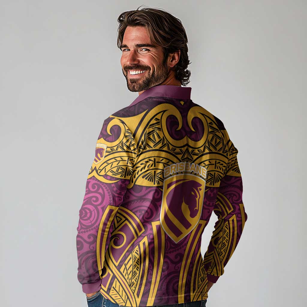 Brisbane Broncos Rugby Long Sleeve Polo Shirt Polynesian Tribal Pattern Warrior Horse Maroon Gold Pattern