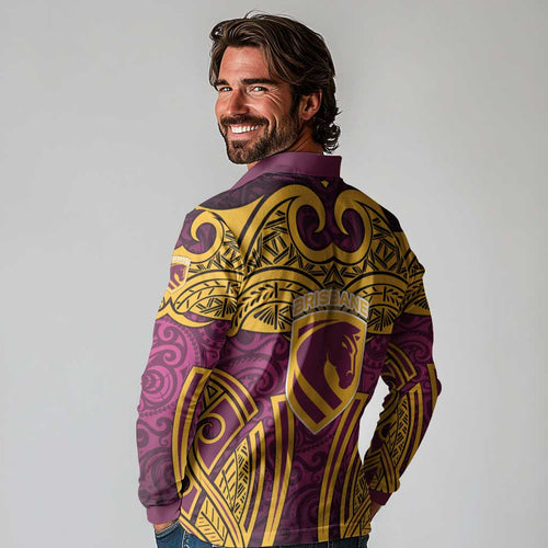 Brisbane Broncos Rugby Long Sleeve Polo Shirt Polynesian Tribal Pattern Warrior Horse Maroon Gold Pattern