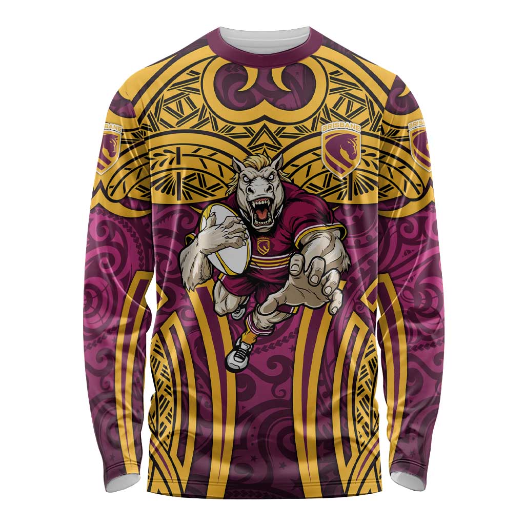 Brisbane Broncos Rugby Long Sleeve Shirt Polynesian Tribal Pattern Warrior Horse Maroon Gold Pattern