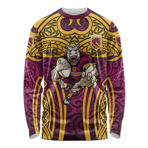 Brisbane Broncos Rugby Long Sleeve Shirt Polynesian Tribal Pattern Warrior Horse Maroon Gold Pattern