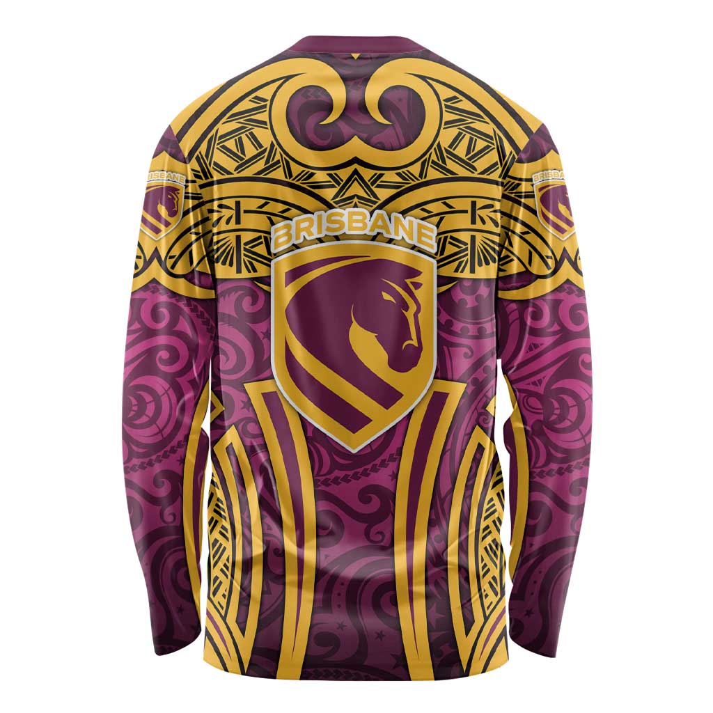 Brisbane Broncos Rugby Long Sleeve Shirt Polynesian Tribal Pattern Warrior Horse Maroon Gold Pattern