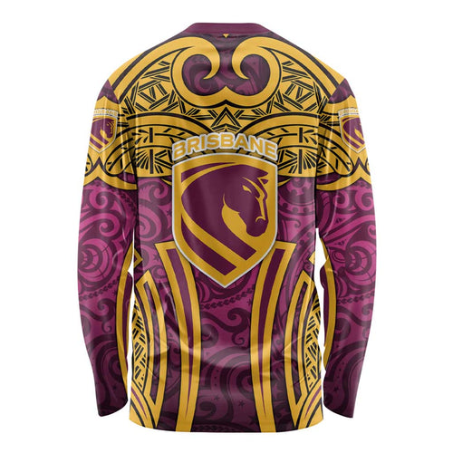 Brisbane Broncos Rugby Long Sleeve Shirt Polynesian Tribal Pattern Warrior Horse Maroon Gold Pattern