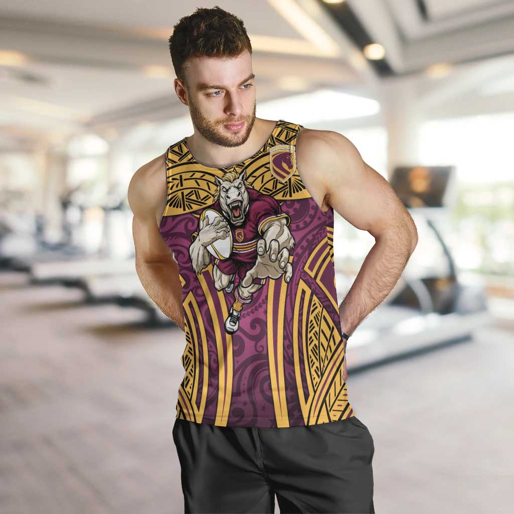 Brisbane Broncos Rugby Men Tank Top Polynesian Tribal Pattern Warrior Horse Maroon Gold Pattern