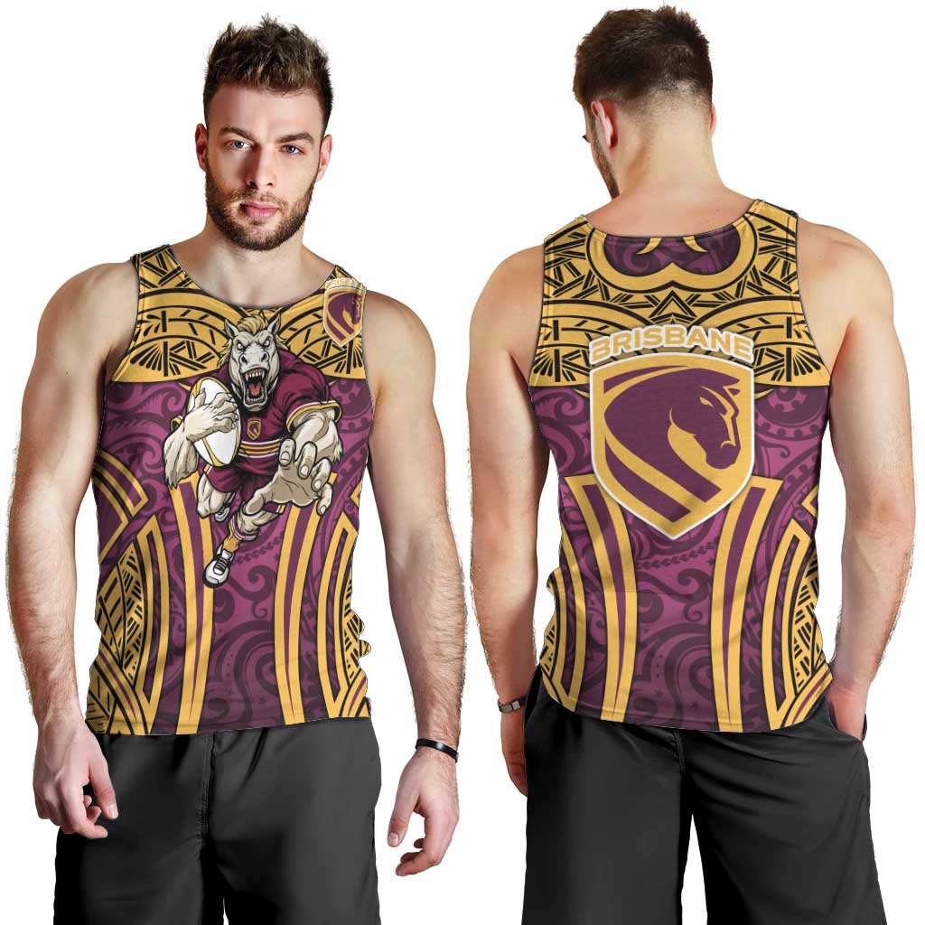 Brisbane Broncos Rugby Men Tank Top Polynesian Tribal Pattern Warrior Horse Maroon Gold Pattern