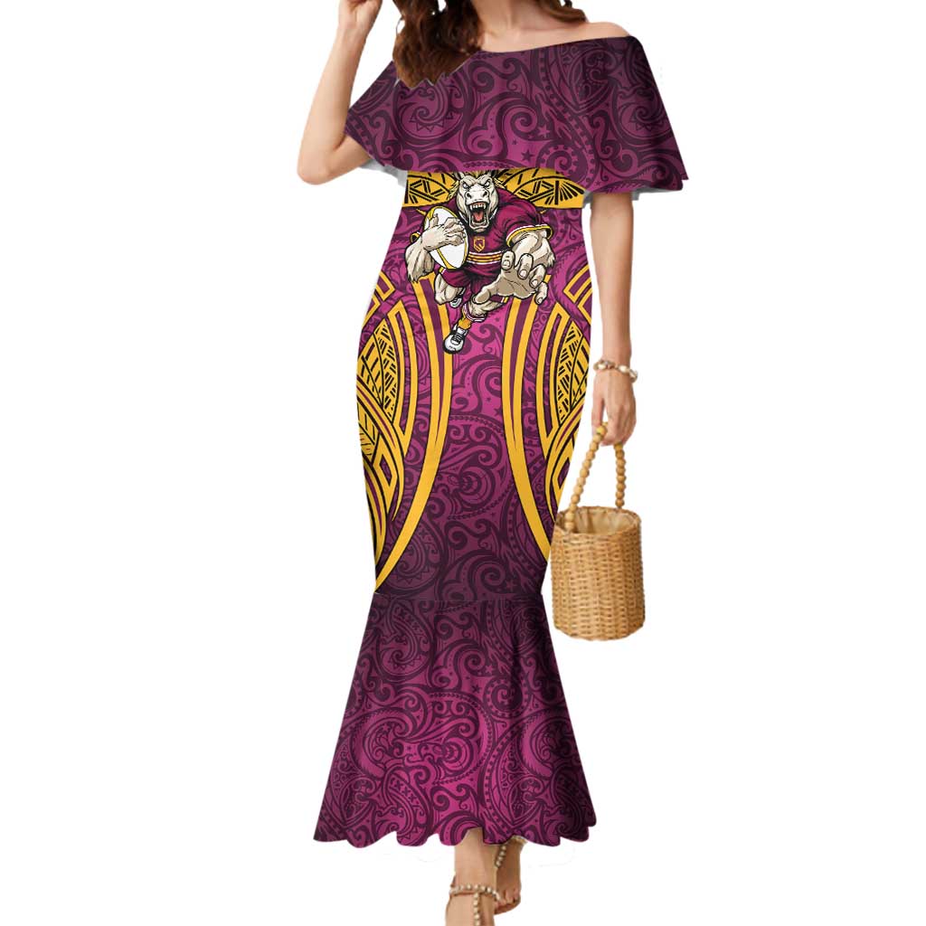 Brisbane Broncos Rugby Mermaid Dress Polynesian Tribal Pattern Warrior Horse Maroon Gold Pattern