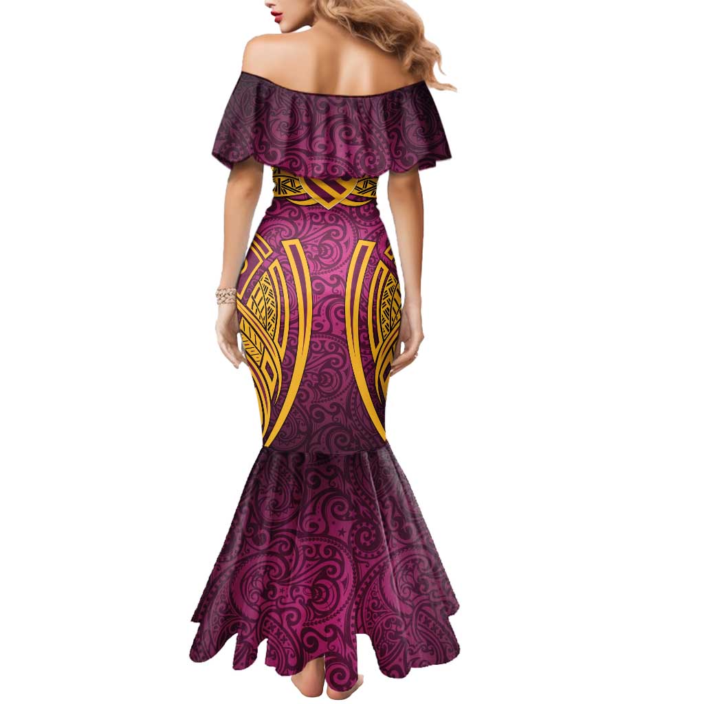 Brisbane Broncos Rugby Mermaid Dress Polynesian Tribal Pattern Warrior Horse Maroon Gold Pattern