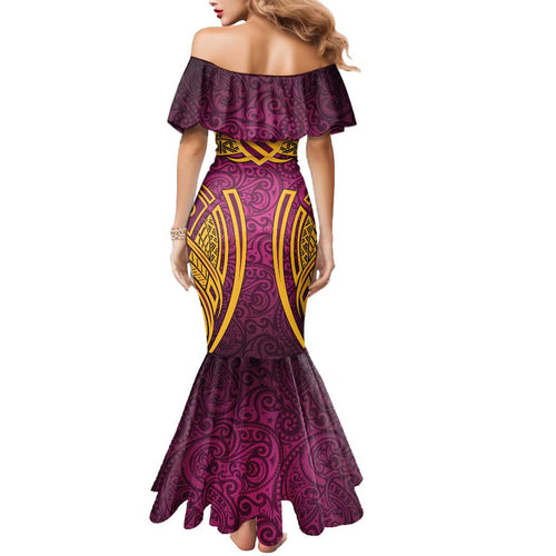 Brisbane Broncos Rugby Mermaid Dress Polynesian Tribal Pattern Warrior Horse Maroon Gold Pattern