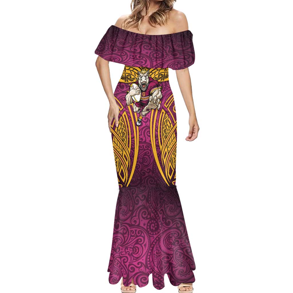 Brisbane Broncos Rugby Mermaid Dress Polynesian Tribal Pattern Warrior Horse Maroon Gold Pattern