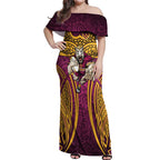 Brisbane Broncos Rugby Off Shoulder Maxi Dress Polynesian Tribal Pattern Warrior Horse Maroon Gold Pattern
