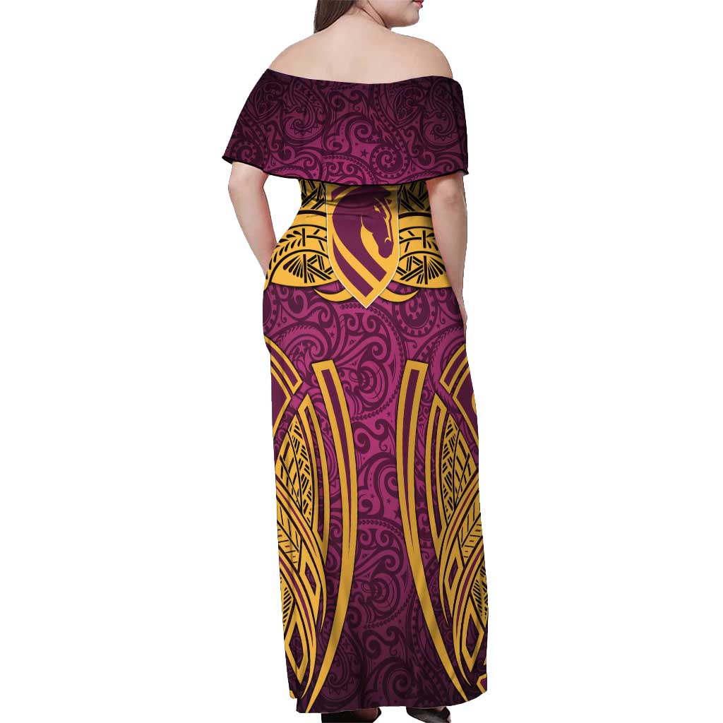 Brisbane Broncos Rugby Off Shoulder Maxi Dress Polynesian Tribal Pattern Warrior Horse Maroon Gold Pattern