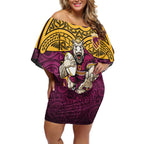 Brisbane Broncos Rugby Off Shoulder Short Dress Polynesian Tribal Pattern Warrior Horse Maroon Gold Pattern