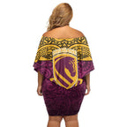 Brisbane Broncos Rugby Off Shoulder Short Dress Polynesian Tribal Pattern Warrior Horse Maroon Gold Pattern
