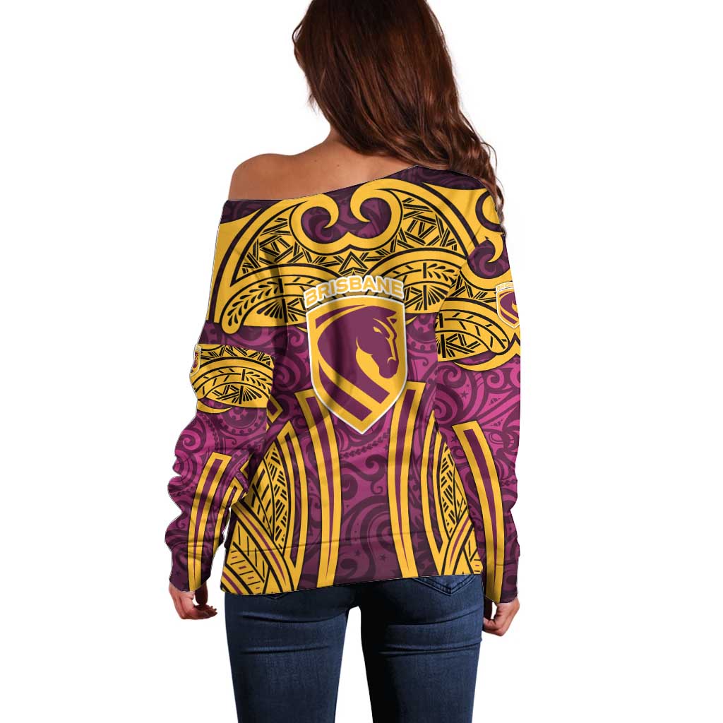 Brisbane Broncos Rugby Off Shoulder Sweater Polynesian Tribal Pattern Warrior Horse Maroon Gold Pattern