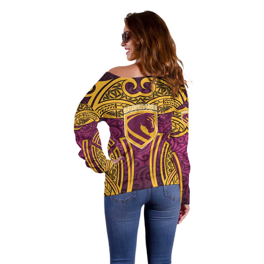 Brisbane Broncos Rugby Off Shoulder Sweater Polynesian Tribal Pattern Warrior Horse Maroon Gold Pattern