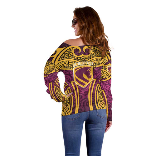 Brisbane Broncos Rugby Off Shoulder Sweater Polynesian Tribal Pattern Warrior Horse Maroon Gold Pattern