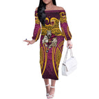 Brisbane Broncos Rugby Off The Shoulder Long Sleeve Dress Polynesian Tribal Pattern Warrior Horse Maroon Gold Pattern