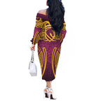 Brisbane Broncos Rugby Off The Shoulder Long Sleeve Dress Polynesian Tribal Pattern Warrior Horse Maroon Gold Pattern