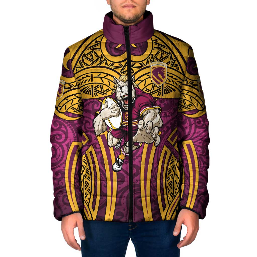 Brisbane Broncos Rugby Padded Jacket Polynesian Tribal Pattern Warrior Horse Maroon Gold Pattern