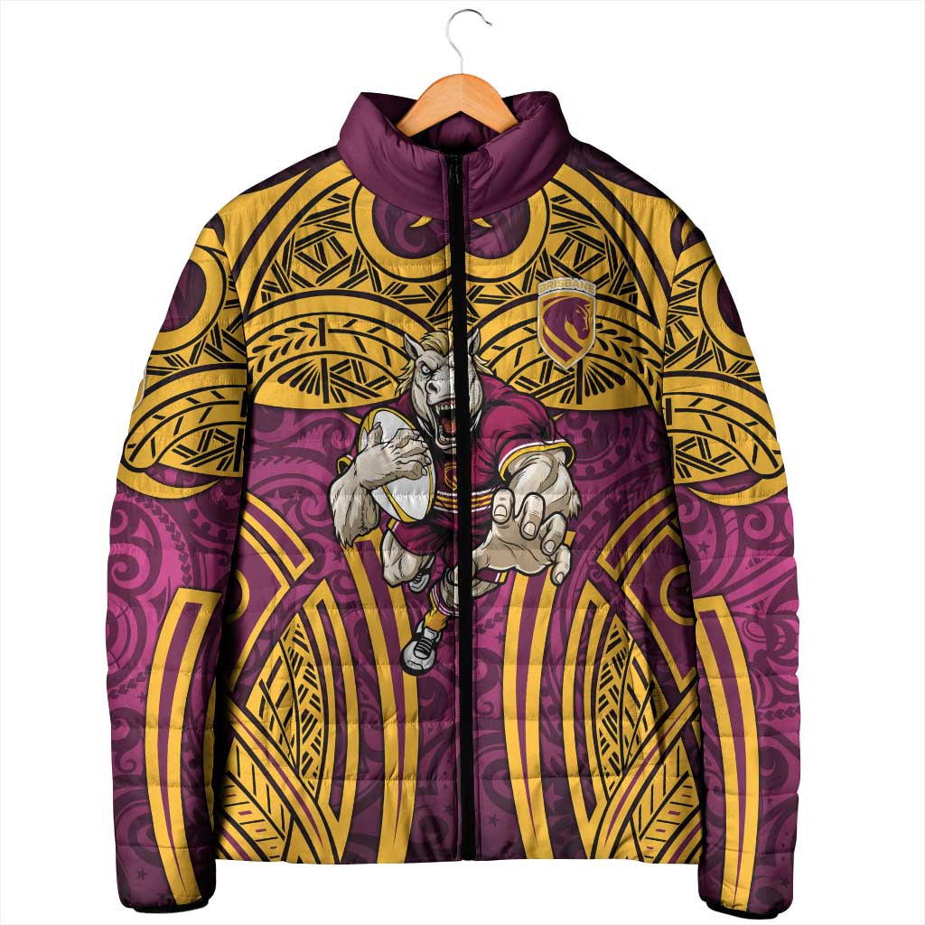 Brisbane Broncos Rugby Padded Jacket Polynesian Tribal Pattern Warrior Horse Maroon Gold Pattern