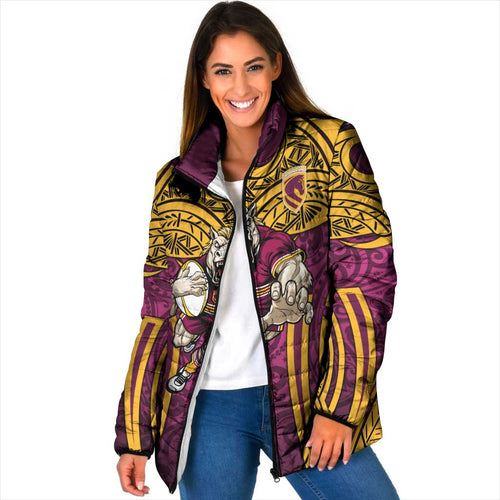Brisbane Broncos Rugby Padded Jacket Polynesian Tribal Pattern Warrior Horse Maroon Gold Pattern