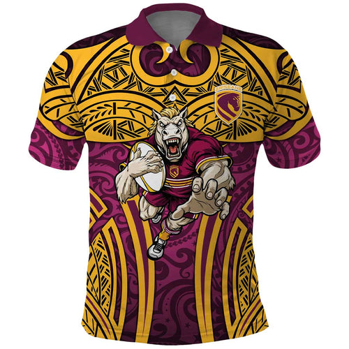 Brisbane Broncos Rugby Polo Shirt Polynesian Tribal Pattern Warrior Horse Maroon Gold Pattern