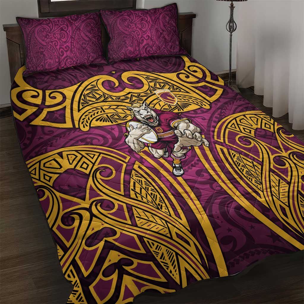 Brisbane Broncos Rugby Quilt Bed Set Polynesian Tribal Pattern Warrior Horse Maroon Gold Pattern